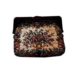 Vintage 1950s Tapestry Clutch Change Purse Kiss Lock Black Floral Lucite AS IS